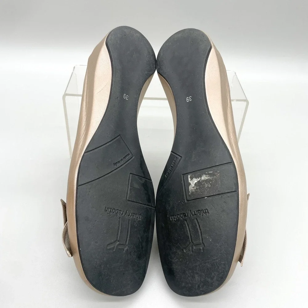 Thierry Rabotin Womens 39 9 Ballerina Bow Square Toe Metallic Champagne Wedge
